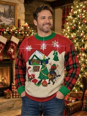 Ugly Christmas Sweater Santa Yurt Camping Fireside Musical Reindeer Unisex Sz 1X